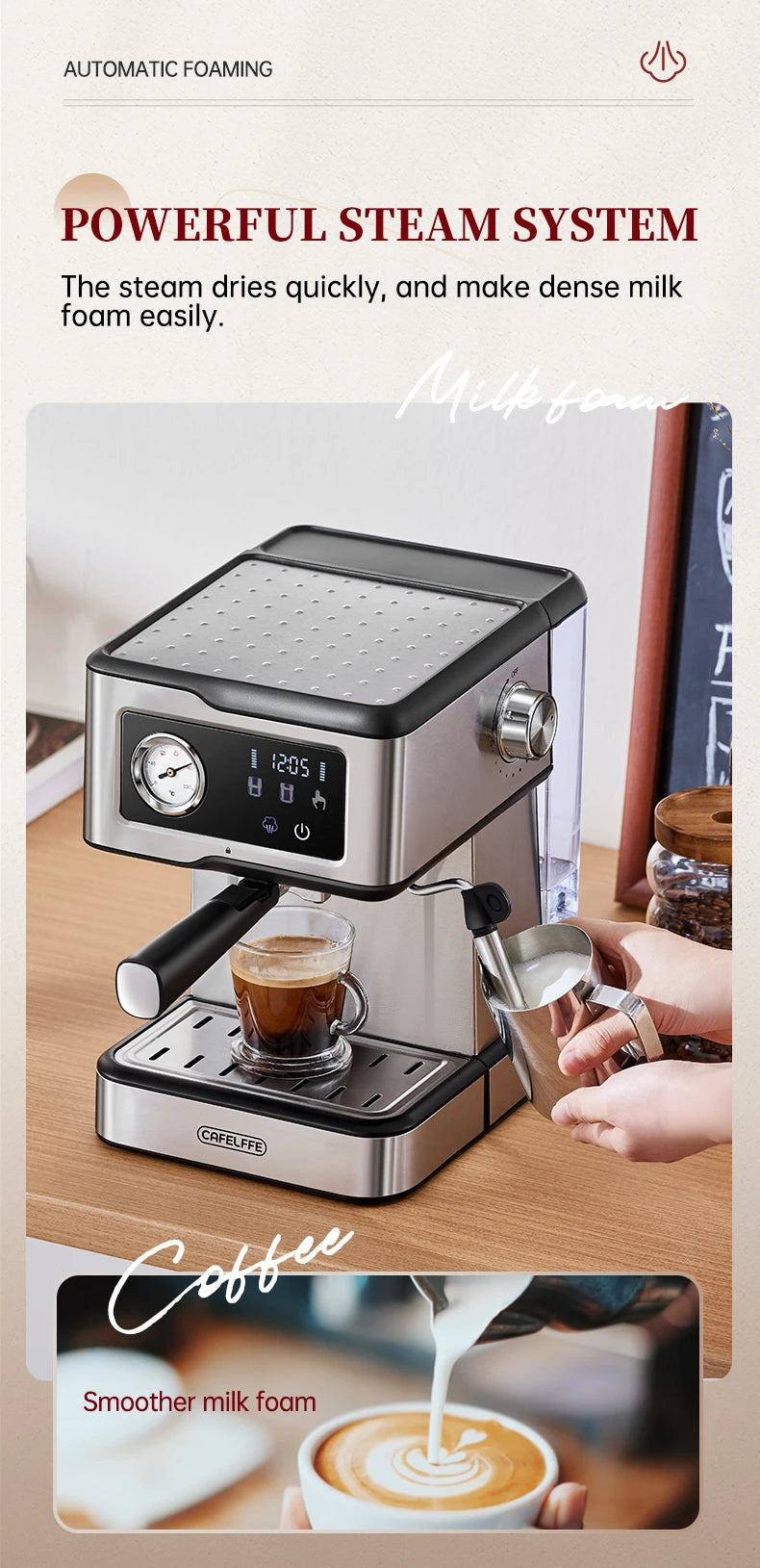 Cafelffe Coffee Maker – Espresso & Cappuccino with Milk Frother