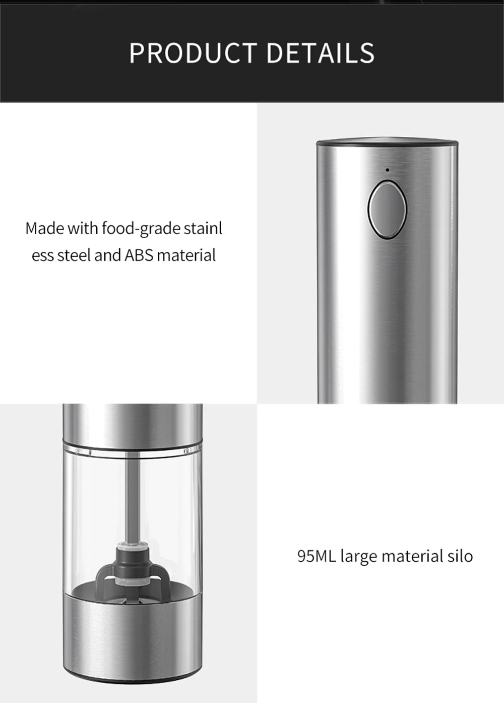 Stainless Steel Electric Pepper Mill – Adjustable Coarseness, USB Charging
