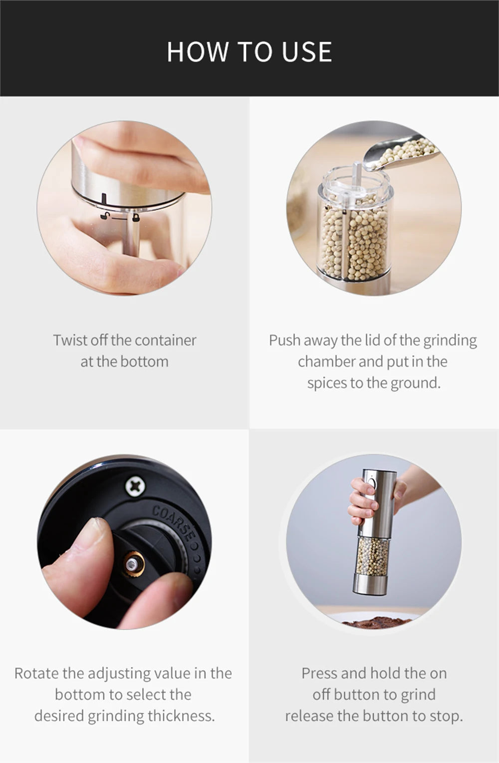 Stainless Steel Electric Pepper Mill – Adjustable Coarseness, USB Charging