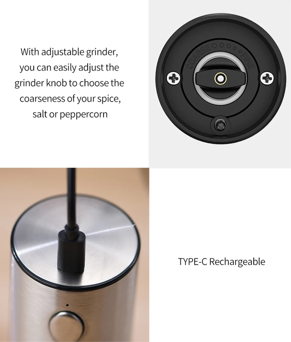 Stainless Steel Electric Pepper Mill – Adjustable Coarseness, USB Charging