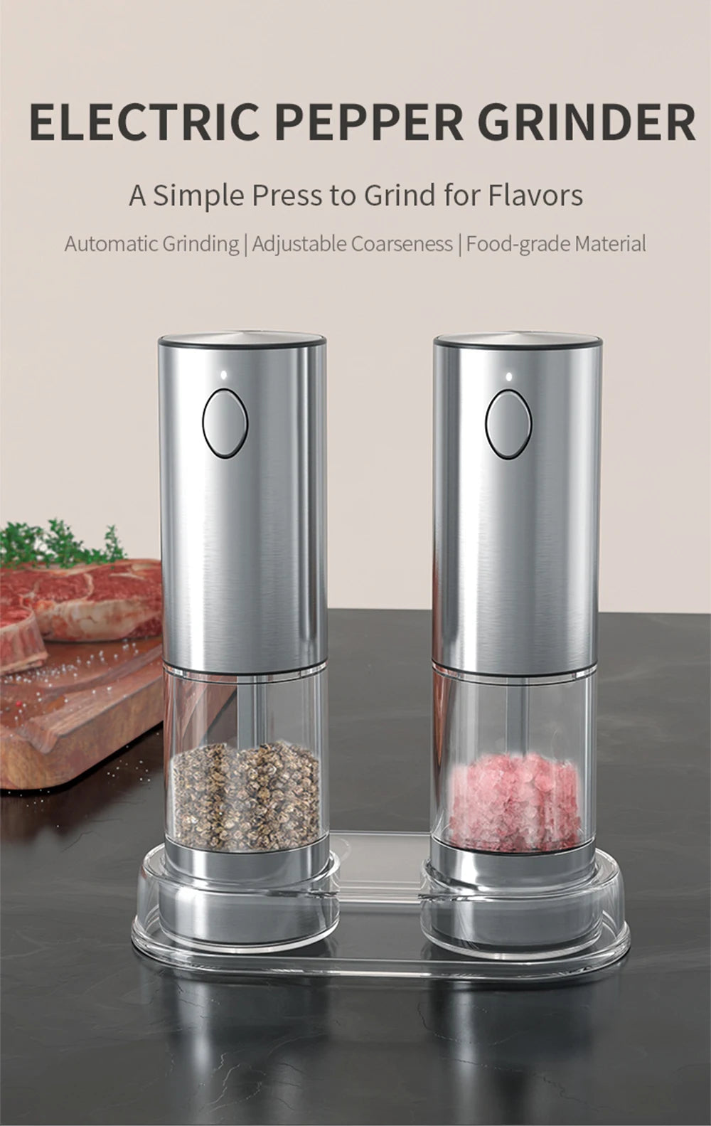 Stainless Steel Electric Pepper Mill – Adjustable Coarseness, USB Charging
