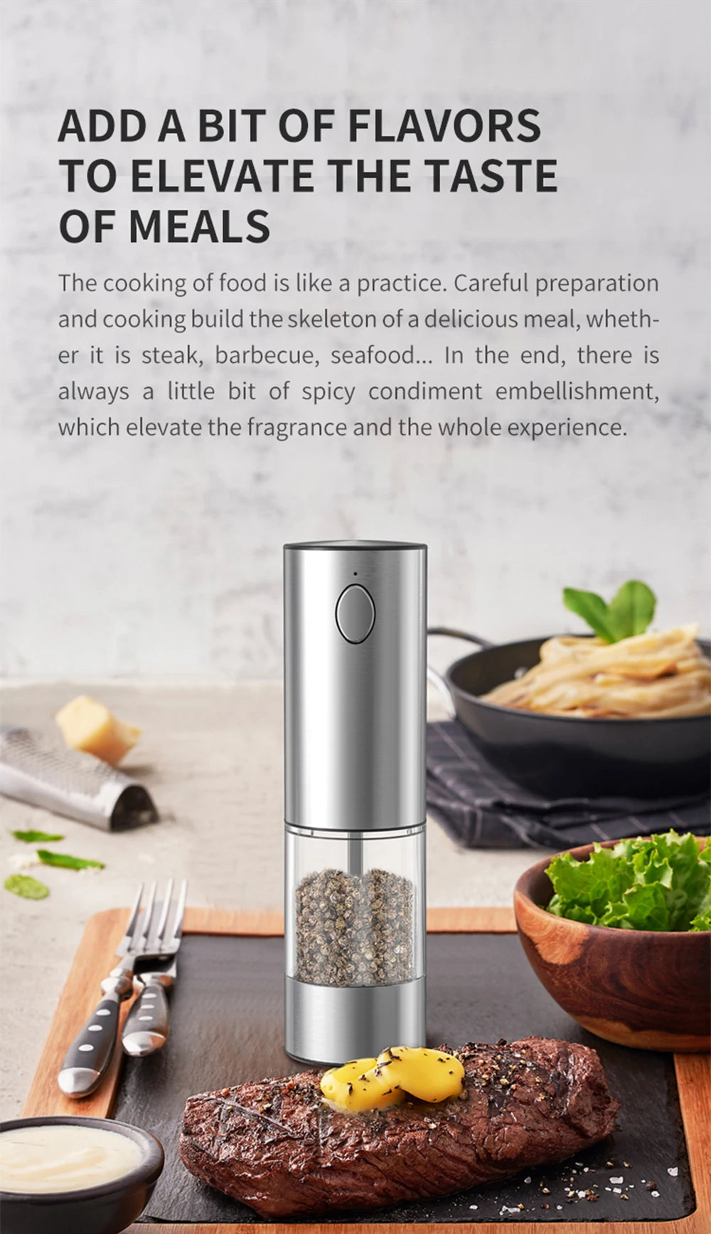 Stainless Steel Electric Pepper Mill – Adjustable Coarseness, USB Charging