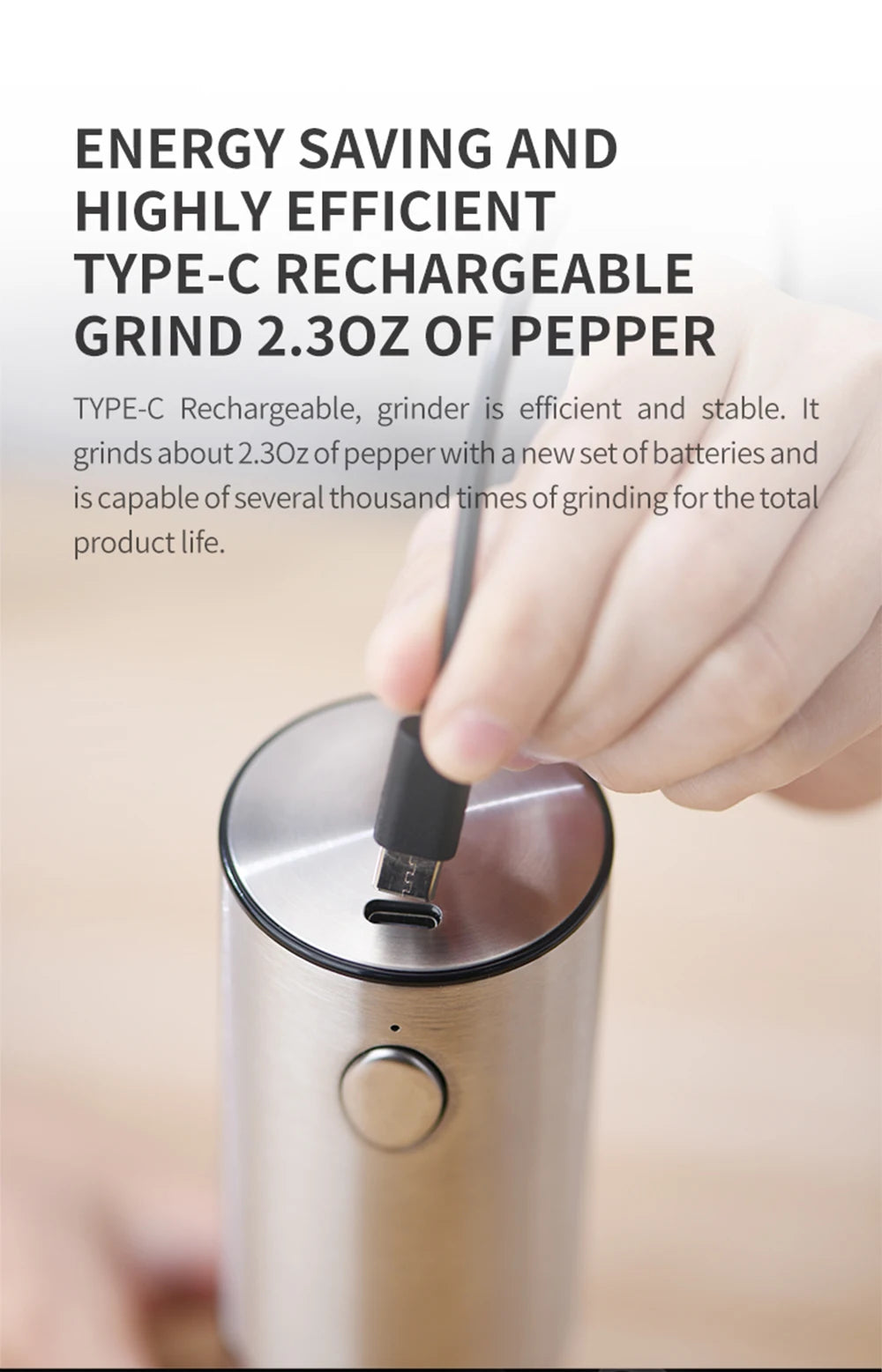 Stainless Steel Electric Pepper Mill – Adjustable Coarseness, USB Charging