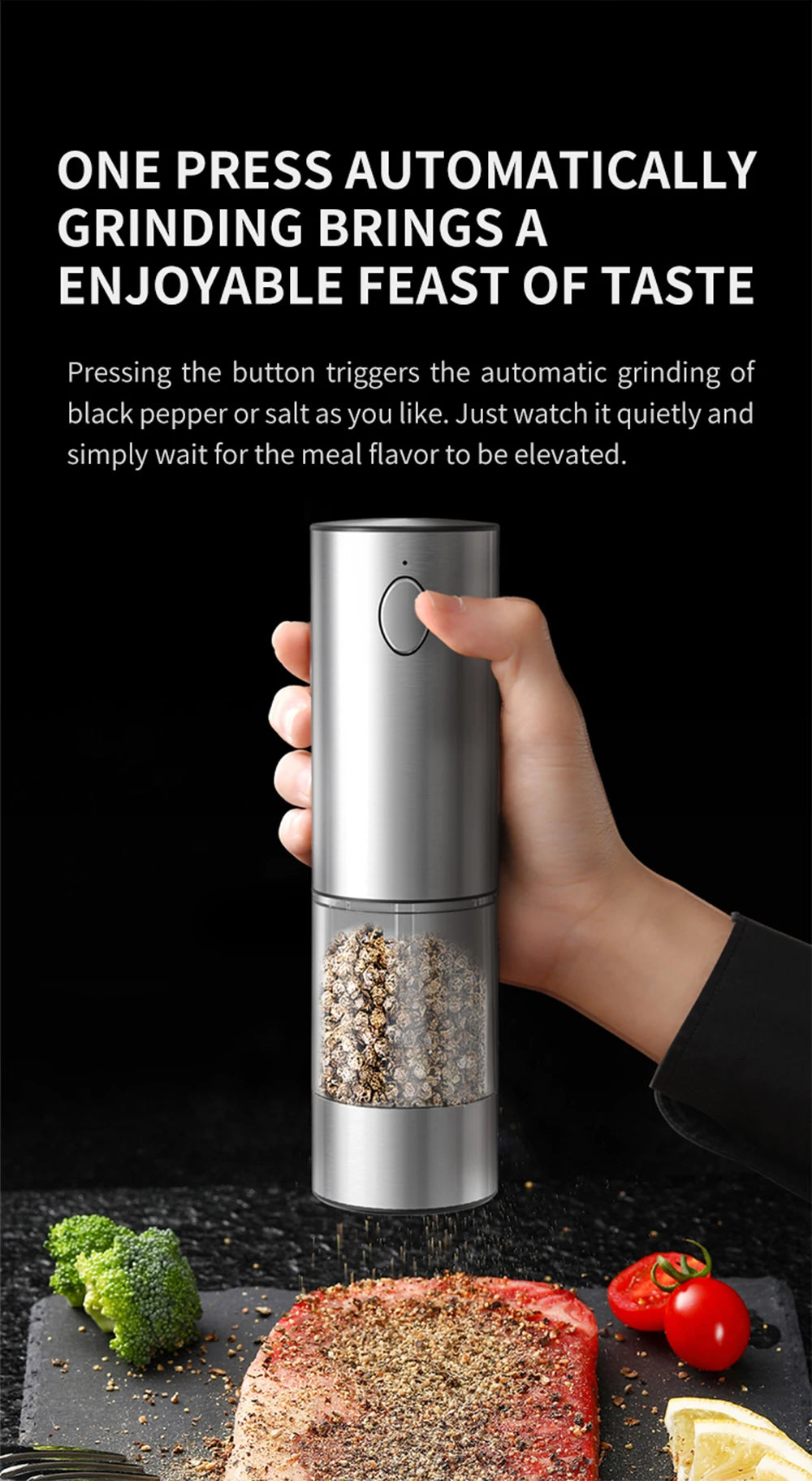 Stainless Steel Electric Pepper Mill – Adjustable Coarseness, USB Charging