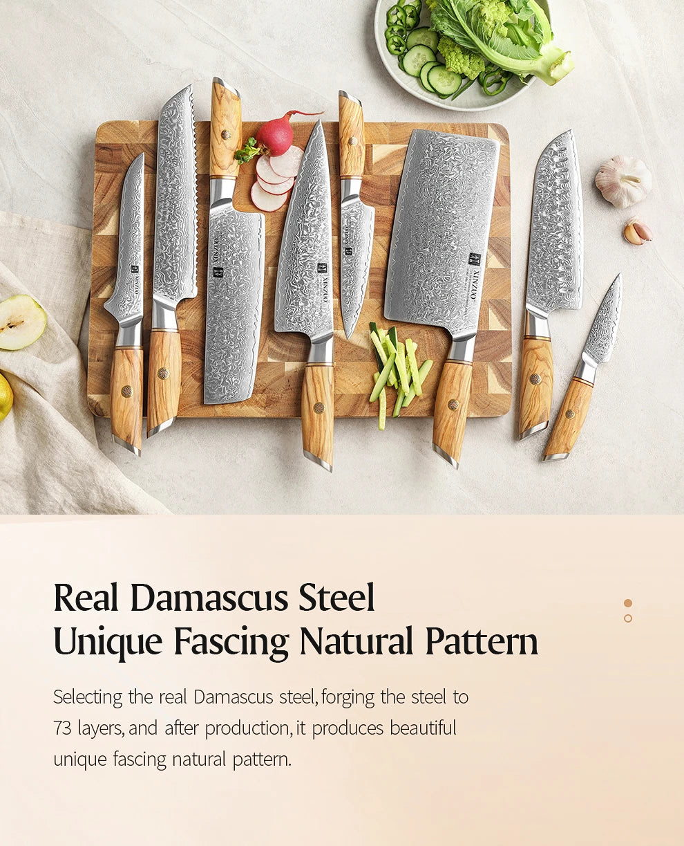 Damascus Steel Kitchen Knife Set – Olive Wood Handle, 1–8pcs