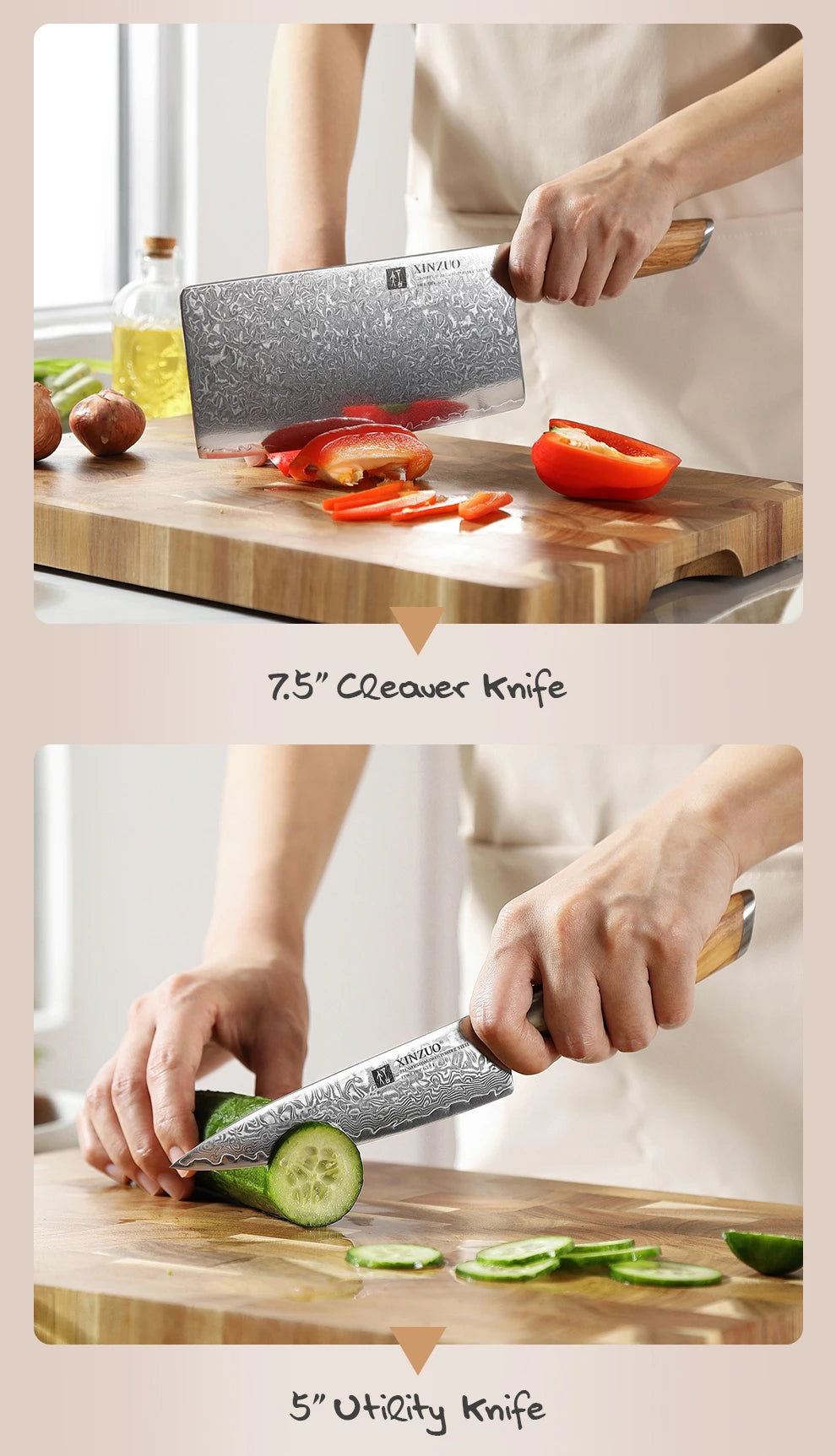 Damascus Steel Kitchen Knife Set – Olive Wood Handle, 1–8pcs