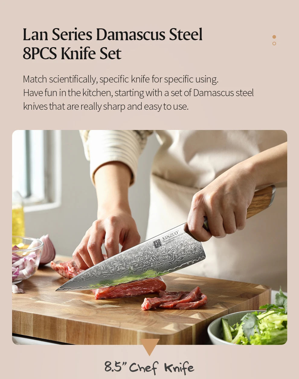 Damascus Steel Kitchen Knife Set – Olive Wood Handle, 1–8pcs
