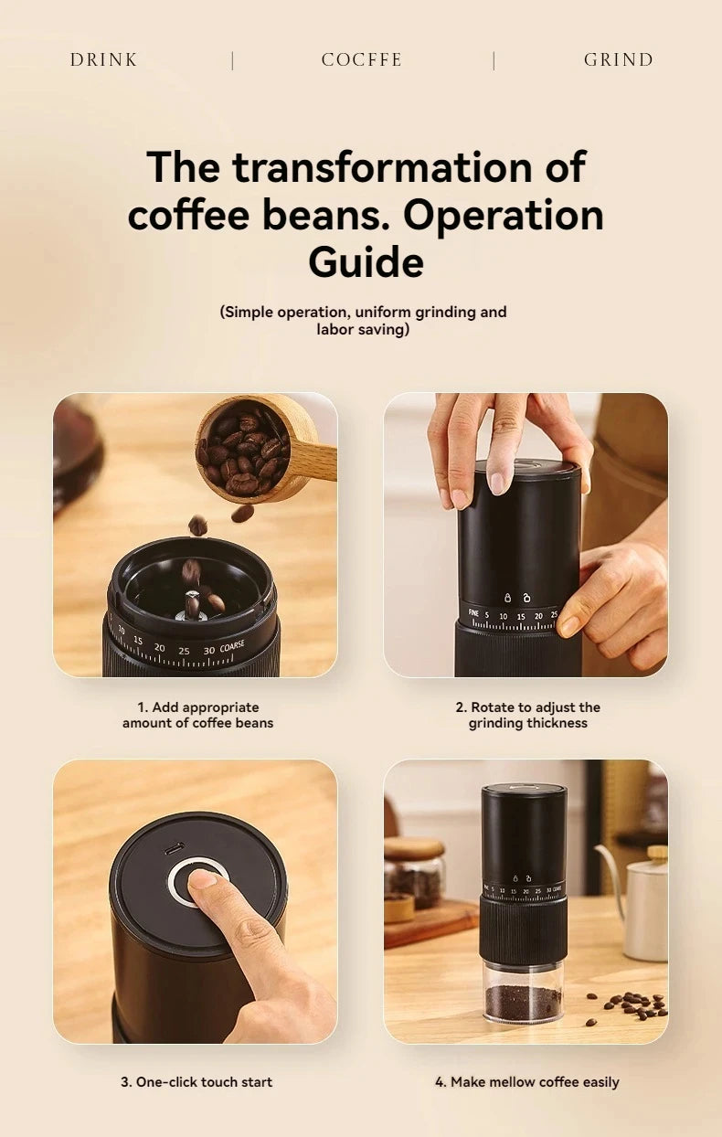 Electric Coffee Grinder – Portable, USB Rechargeable, 30-Level Adjustment
