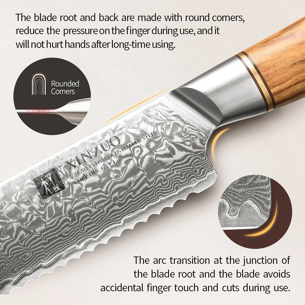 Damascus Steel Kitchen Knife Set – Olive Wood Handle, 1–8pcs