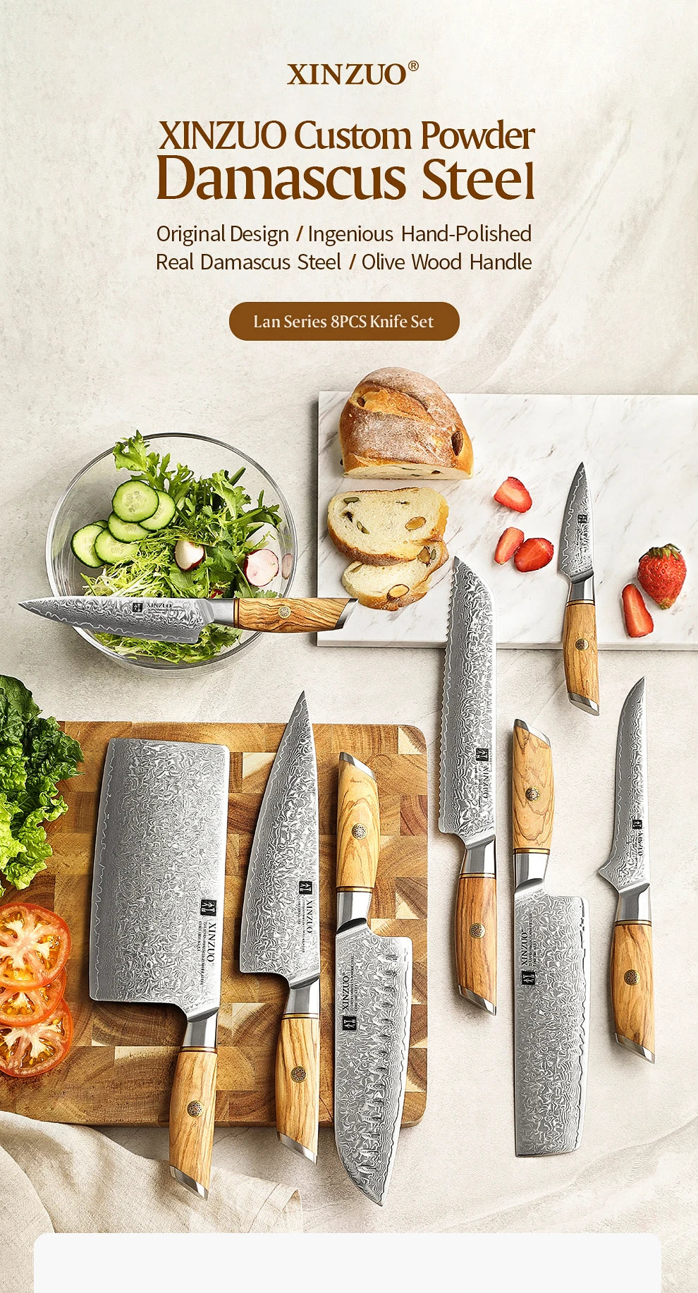 Damascus Steel Kitchen Knife Set – Olive Wood Handle, 1–8pcs