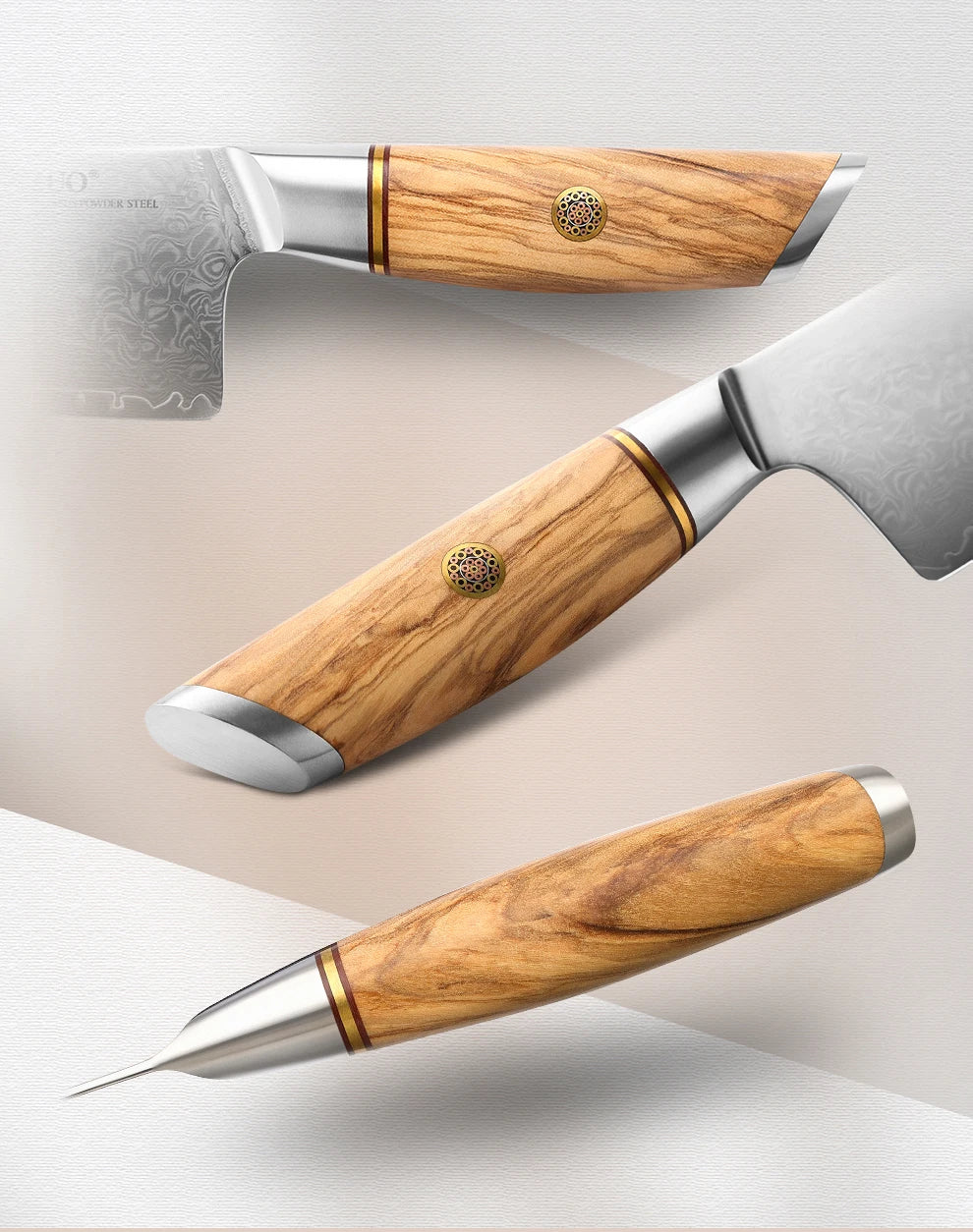 Damascus Steel Kitchen Knife Set – Olive Wood Handle, 1–8pcs