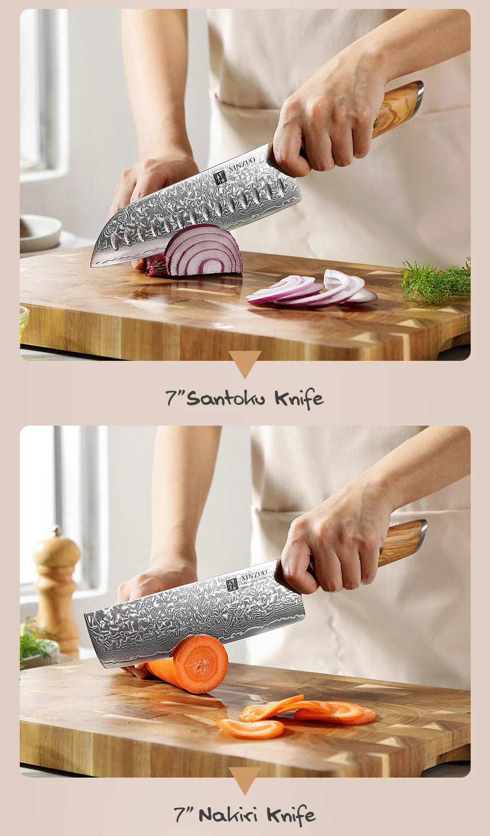 Damascus Steel Kitchen Knife Set – Olive Wood Handle, 1–8pcs