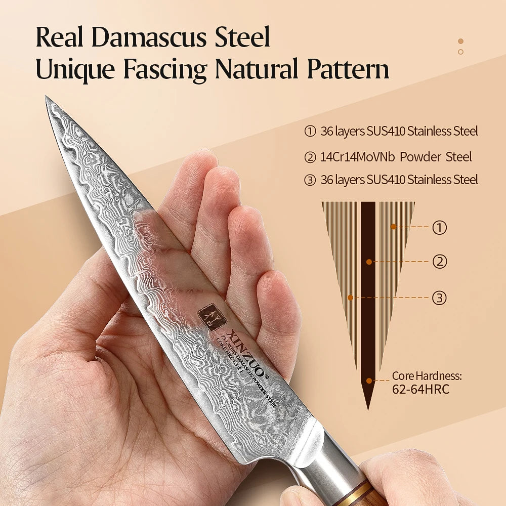 Damascus Steel Kitchen Knife Set – Olive Wood Handle, 1–8pcs
