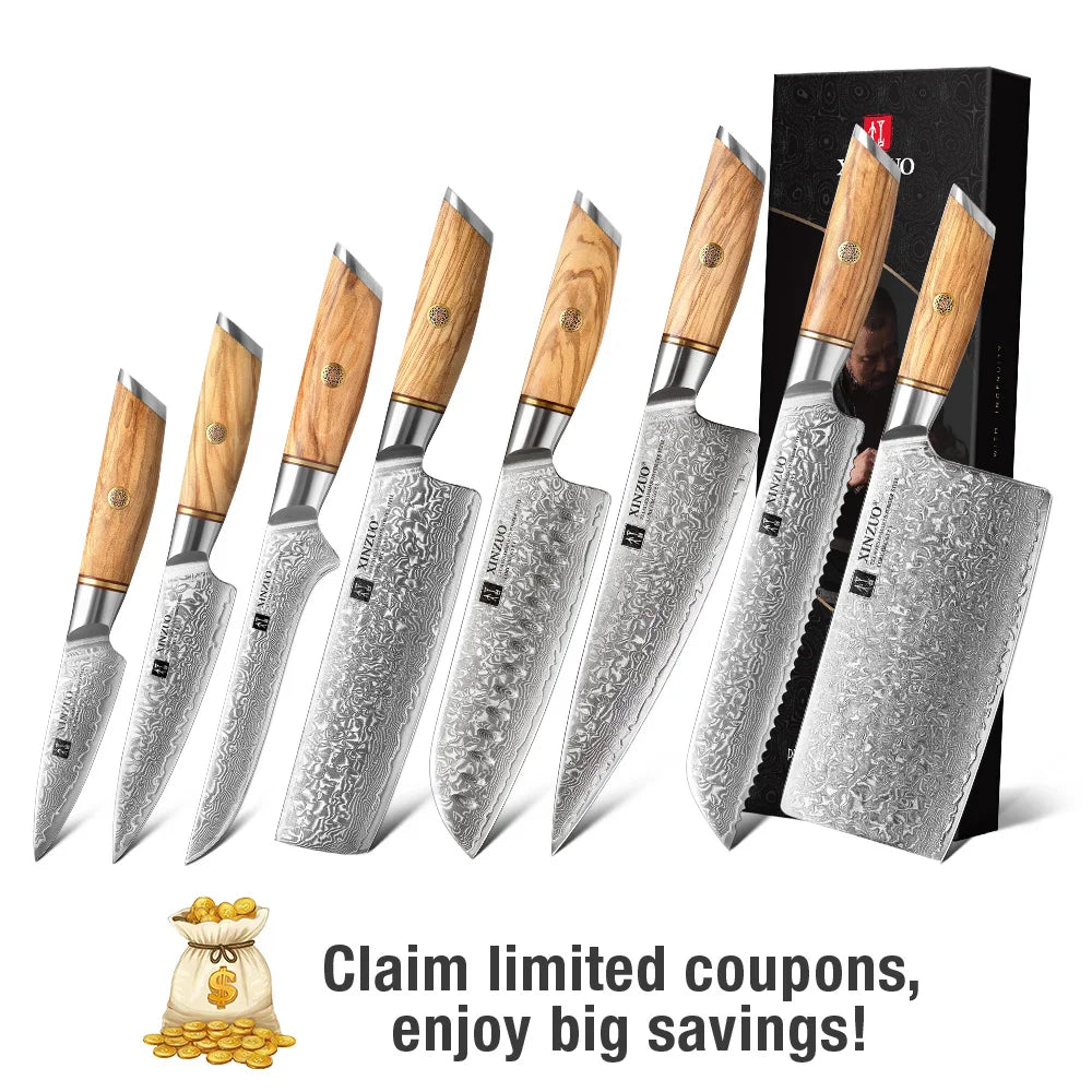Damascus Steel Kitchen Knife Set – Olive Wood Handle, 1–8pcs