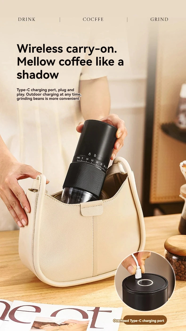 Electric Coffee Grinder – Portable, USB Rechargeable, 30-Level Adjustment